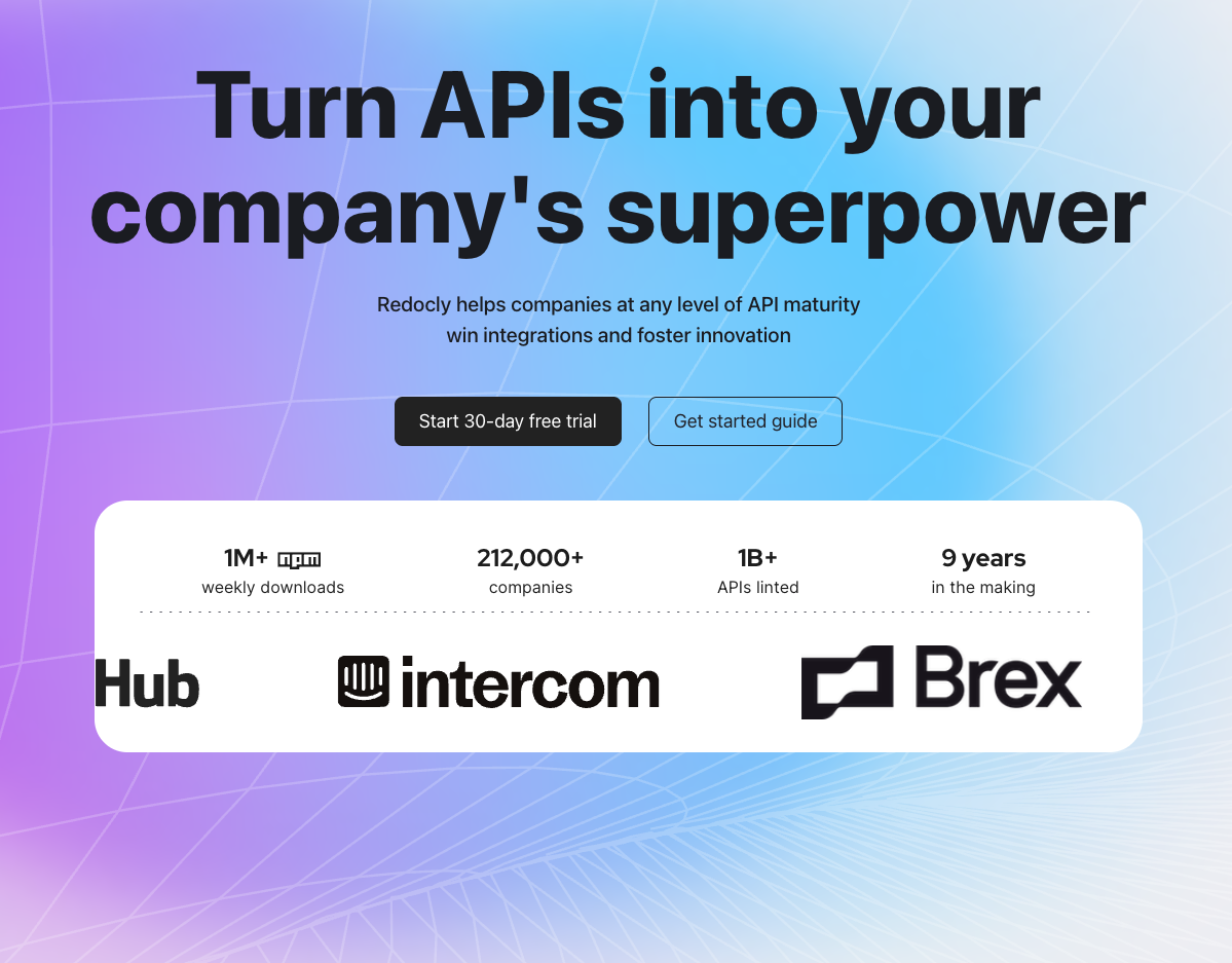 Redocly homepage with the headline "Turn APIs into your company's superpower" and adoption statistics